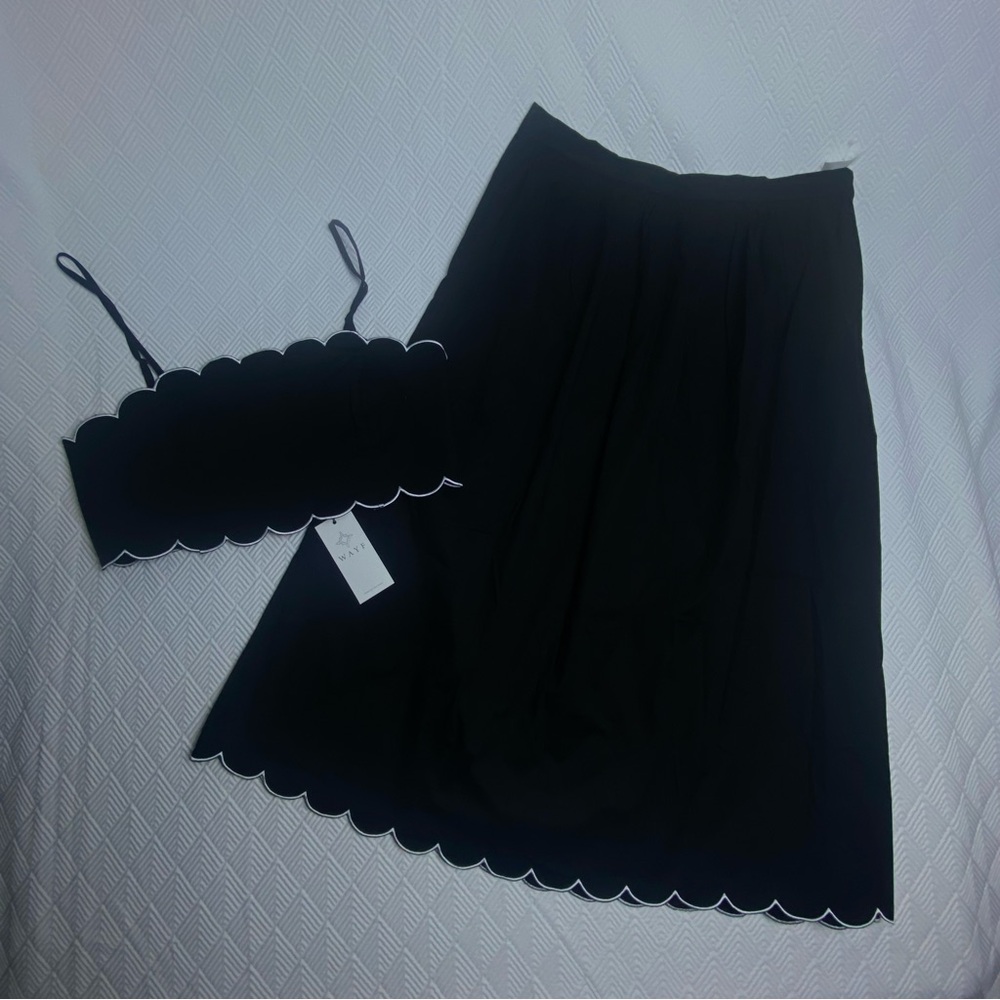 Women’s Black Two Piece Set Midi Skirt Crop Tank Wayf Large NWT